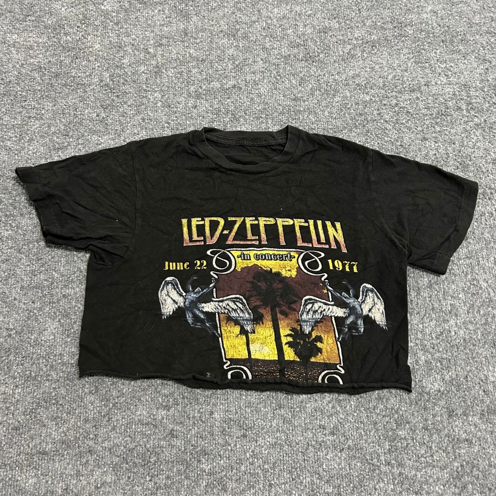 Led Zeppelin T-Shirt Womens Size S Black Crop Top Graphic Band Tee 1977 Concert